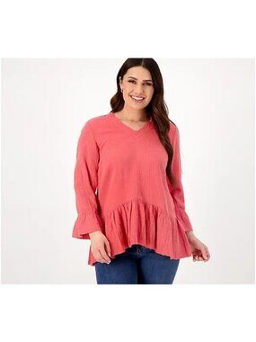 Denim and Co Top Small Canyon Retreat V-Neck Flounce Hem Blouse Clay Red Orange